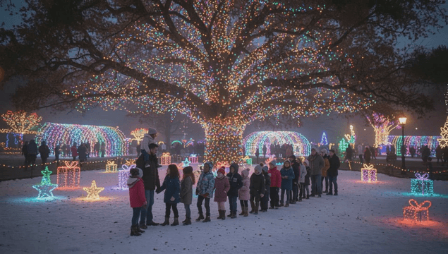 크리스마스 축제 조명을 즐기는 아이들