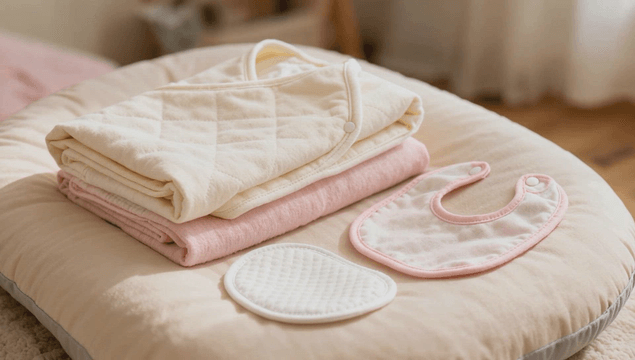 Soft baby clothes and bib on a baby cushion