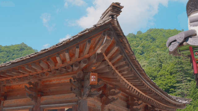 Traditional Korean architecture with mountain backdrop