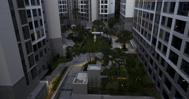 Modern apartment complex with courtyard