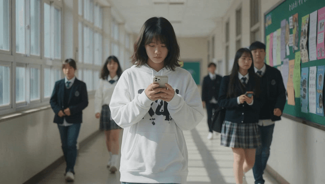 Female student walking in school hallway with smartphone