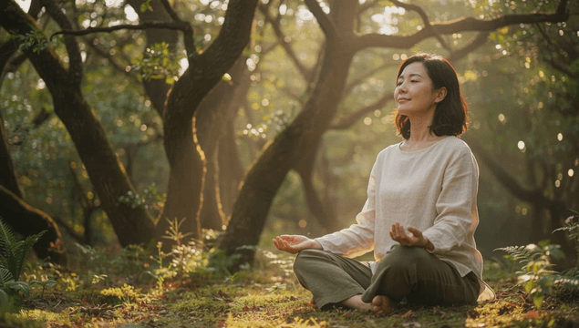 Middle-aged woman meditating in a sunlit forest