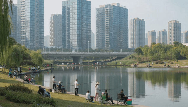 People fishing at an urban lakeside park