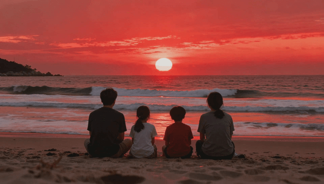 Family watching the red sunset on the beach