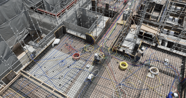Construction site with colorful wiring