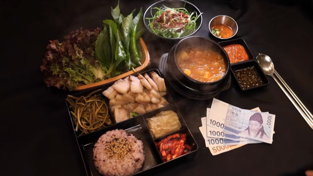 A full Korean meal with side dishes and money
