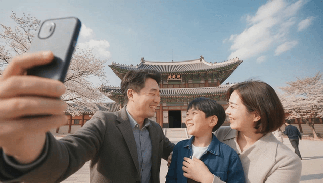 Joyful family taking a selfie at a Korean heritage site in spring