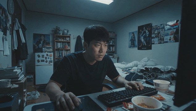 Man focused on computer in a cluttered room
