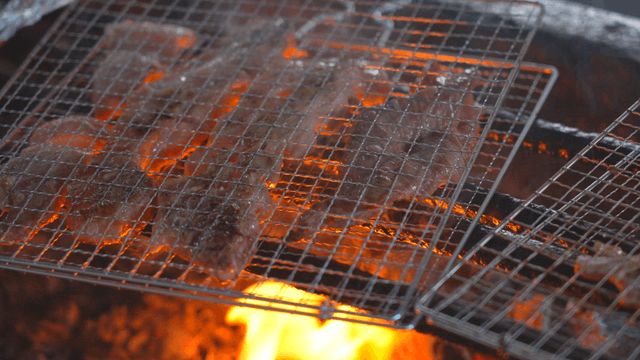 Pork belly and vegetables grilling on a barbecue