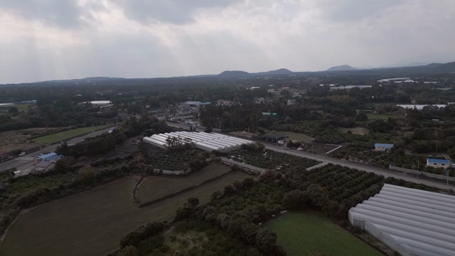 Expansive farmland with greenhouses