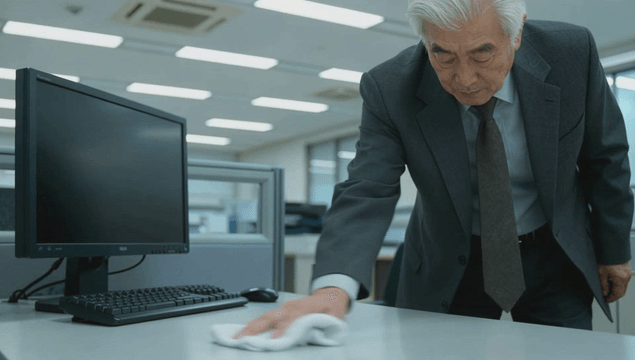 Older office worker in a suit cleaning a desk