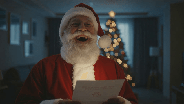 크리스마스 트리 옆에서 편지를 읽는 산타