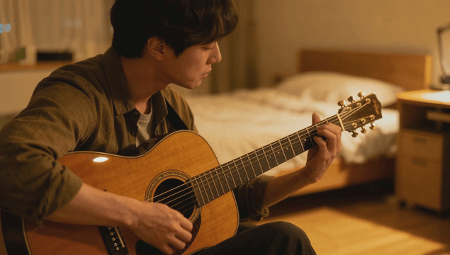 Man playing guitar in a cozy bedroom