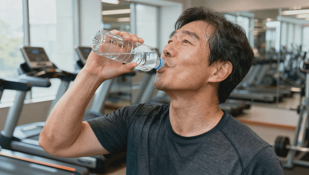 Middle-aged man drinking water after workout in gym