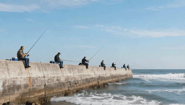 People fishing on a concrete pier beside rough sea waves