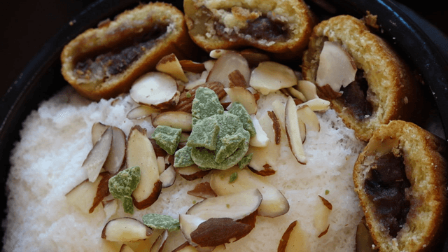 Bingsu topped with red bean bun and almonds