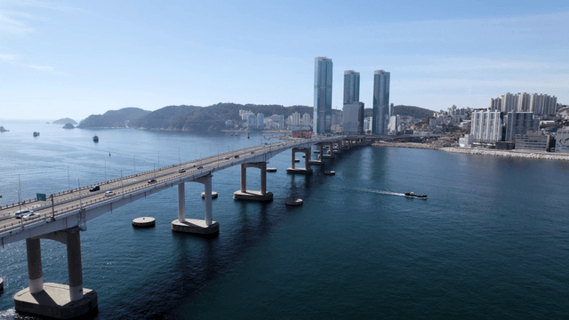 Bridge over the sea with city skyline