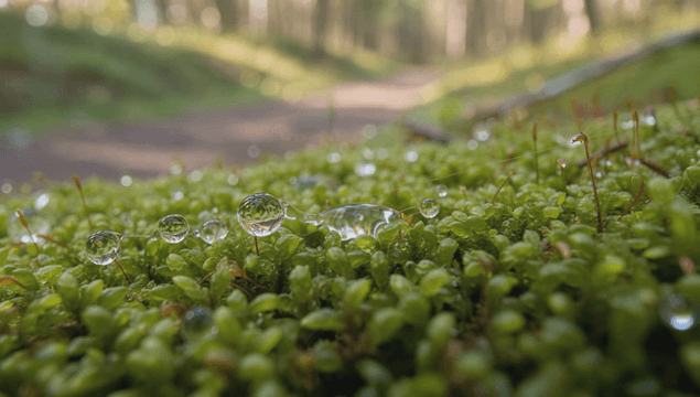 Dewdrops on moss in a forest path