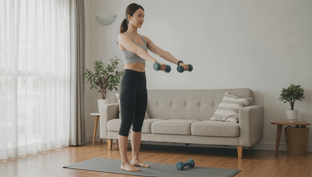 Woman exercising with dumbbells at home