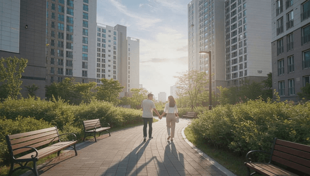 Couple walking through apartment park at sunset