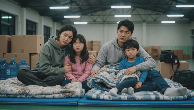 Family sitting together in shelter