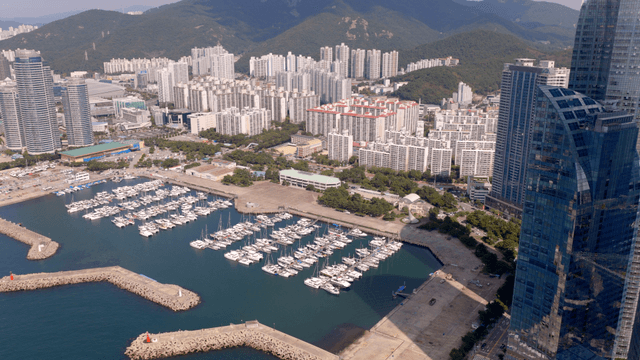 View overlooking a city marina with docked yachts