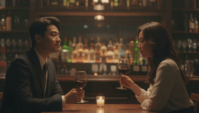 Couple enjoying red wine at an atmospheric bar