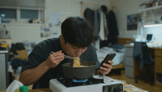 Young man eating ramen while looking at phone