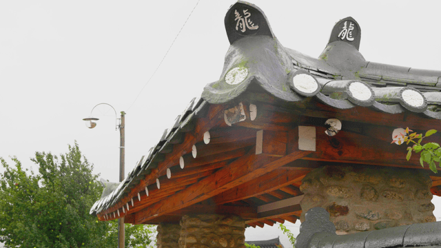 Rainy traditional Korean hanok eaves with intricate design