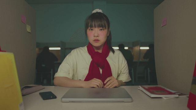 Female student opens her laptop while using her cell phone in the study room.
