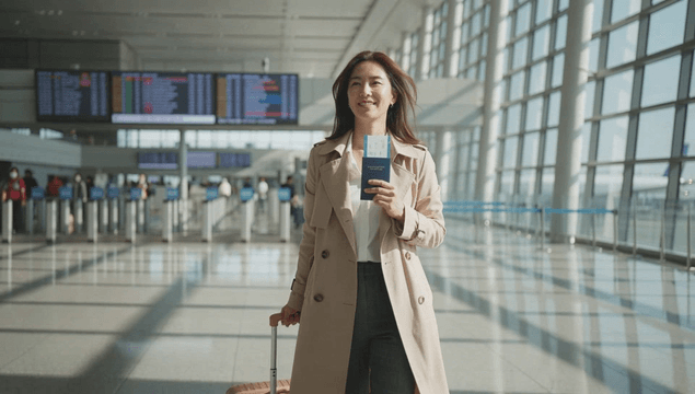 Woman departing an airport with a rolling suitcase