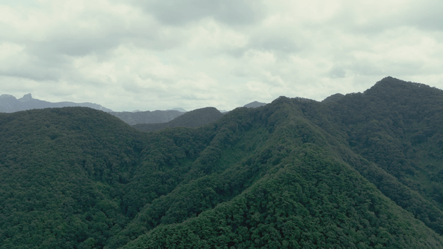 Lush green mountains under cloudy sky
