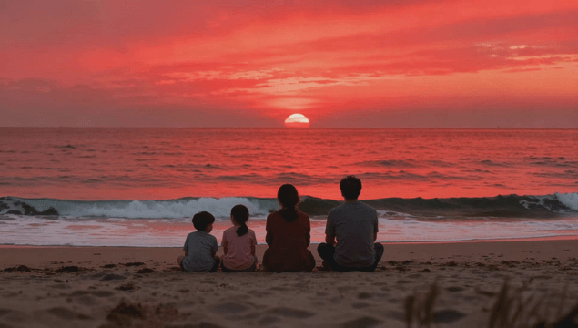 Family watching the red sunset on the beach