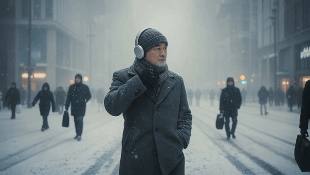 Middle-aged man commuting with wireless headset on a snowy street