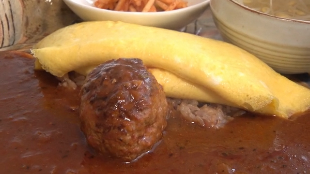 Omelette rice with hamburger steak and side dishes