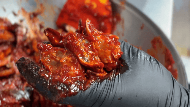 Cross section of crab meat mixed with spicy seasoning