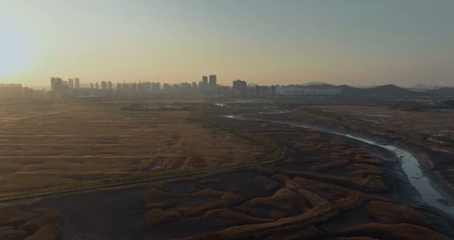 Sunset over a vast field and city skyline