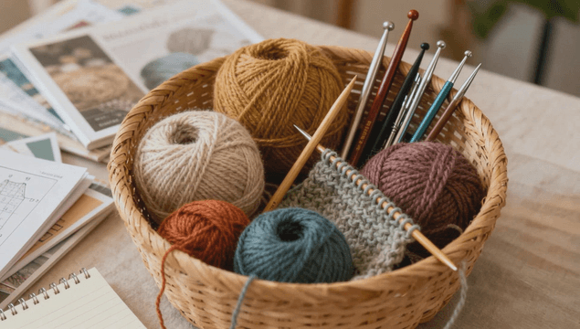Basket of colorful yarn and knitting needles