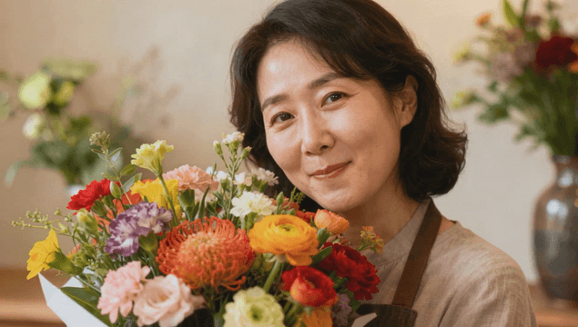 Middle aged woman smiling with bouquet at flower shop