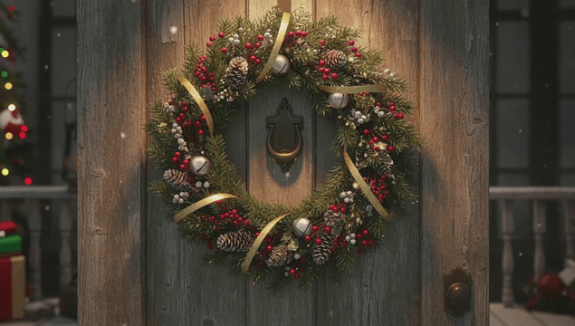 나무 문에 걸린 크리스마스 축제 화환