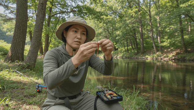Woman preparing fishing bait by a forest riverside