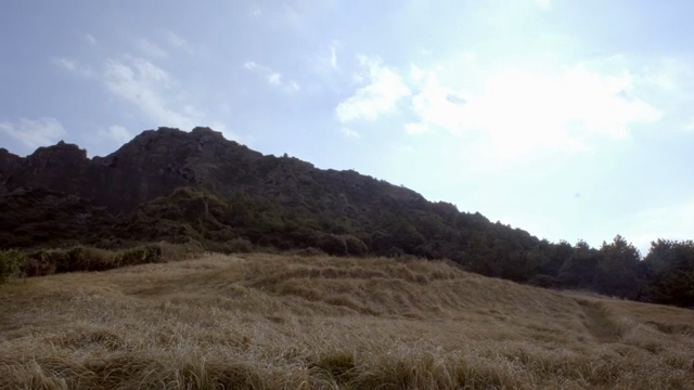 A serene mountain landscape with grass
