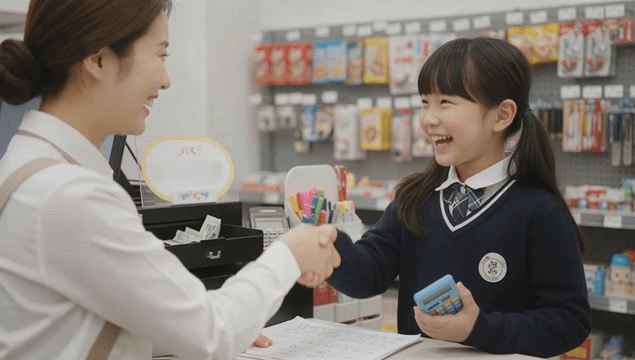 Young girl shaking hands with a clerk in a stationery shop