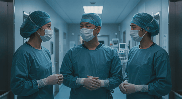 Doctors discussing in a operating room corridor