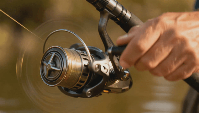 Spinning fishing reel in rapid motion