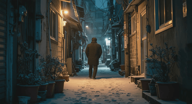 Back view of a person walking in a snowy alley at night