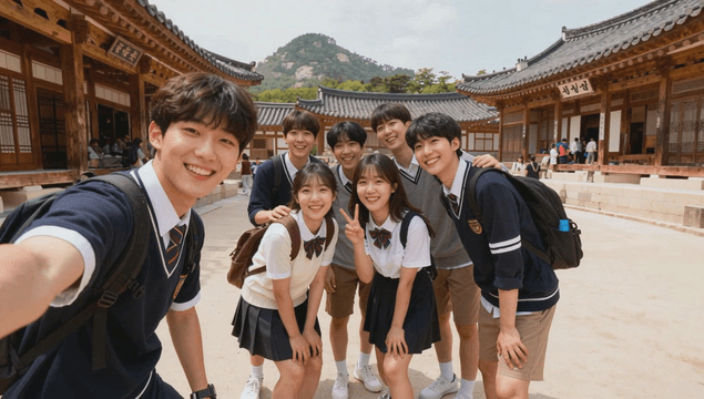 Students taking selfie poses at a traditional Korean site