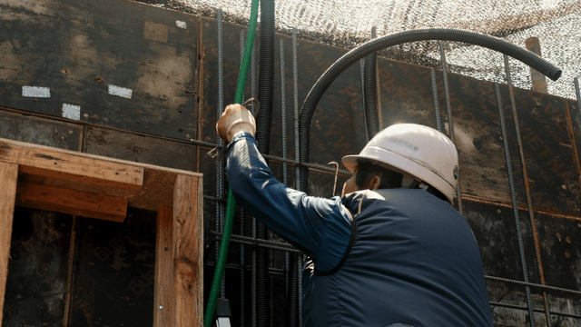 Construction worker securing cables
