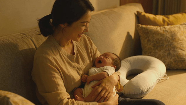 Mother lovingly holding her newborn baby on the sofa