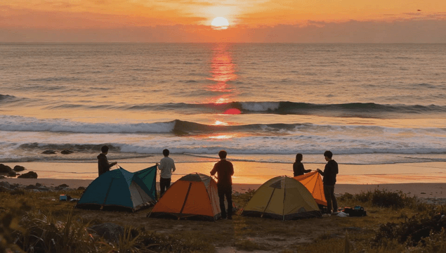 People camping on beach at sunrise of new year